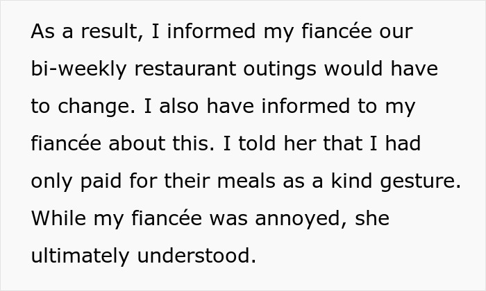 Text about a man discussing changes to restaurant dinners with his fiancée after discovering minimal tipping habits. Text about a man discussing changes to restaurant dinners with his fiancée after discovering minimal tipping habits.