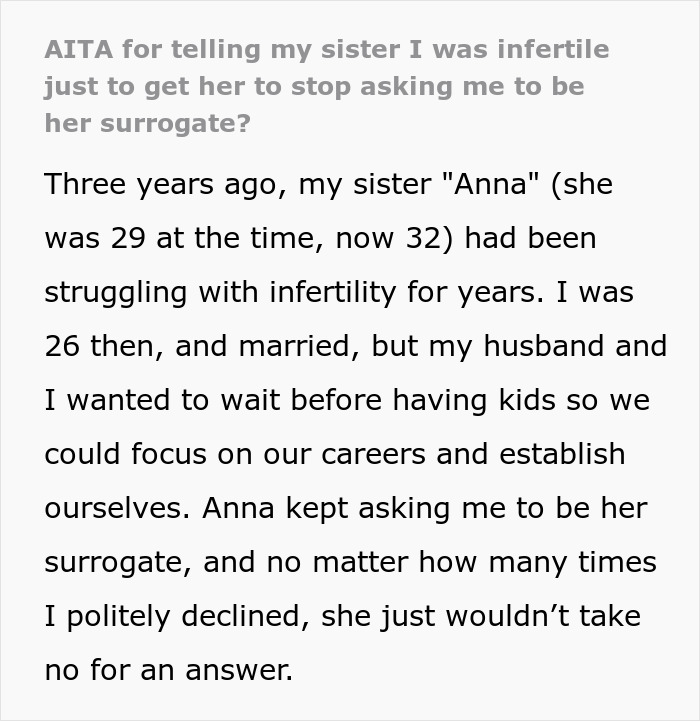 Woman Wants To Avoid Surrogacy, Tells Sister She’s Infertile, Sister Explodes When Truth Comes Out Woman Wants To Avoid Surrogacy, Tells Sister She’s Infertile, Sister Explodes When Truth Comes Out