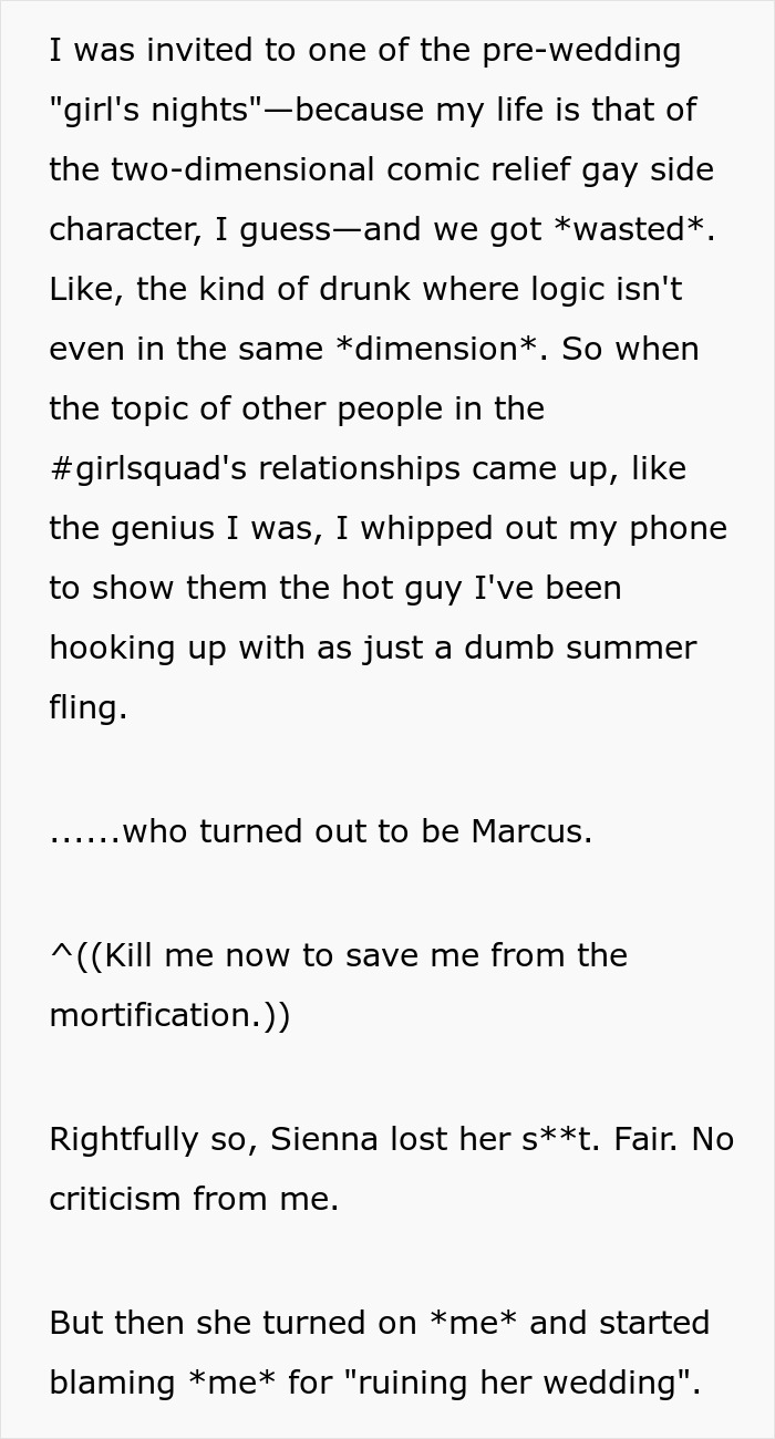 Text message revealing accidental fling with friend's fiancé at pre-wedding party. Text message revealing accidental fling with friend's fiancé at pre-wedding party.