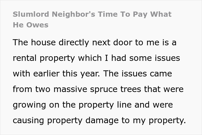 Text discussing a homeowner's unpaid $4K debt to neighbor due to property issues. Text discussing a homeowner's unpaid $4K debt to neighbor due to property issues.