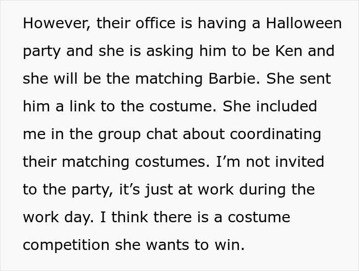 “AITA For Telling My Husband He Shouldn’t Do Matching Ken/Barbie Costumes With His Female Coworker?” “AITA For Telling My Husband He Shouldn’t Do Matching Ken/Barbie Costumes With His Female Coworker?”