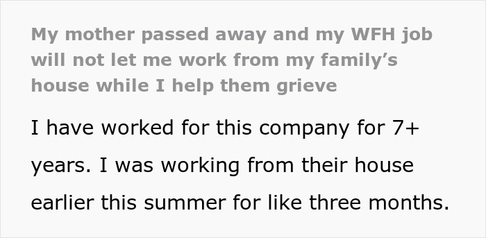 WFH Worker Wants To Relocate To Grieve Loss With Family, Gets A “Cold Reminder” Instead WFH Worker Wants To Relocate To Grieve Loss With Family, Gets A “Cold Reminder” Instead