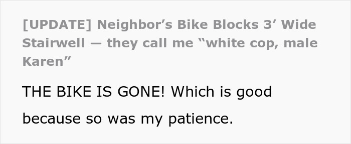 Guy Sick Of Lady's Bike Blocking Hall, Gets It Removed By Property Management As She Won't Listen Guy Sick Of Lady's Bike Blocking Hall, Gets It Removed By Property Management As She Won't Listen