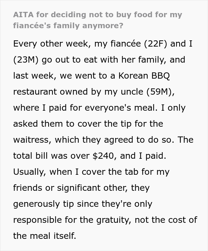 Text message about a man refusing to pay for fiancée's family dinners due to their small tips. Text message about a man refusing to pay for fiancée's family dinners due to their small tips.