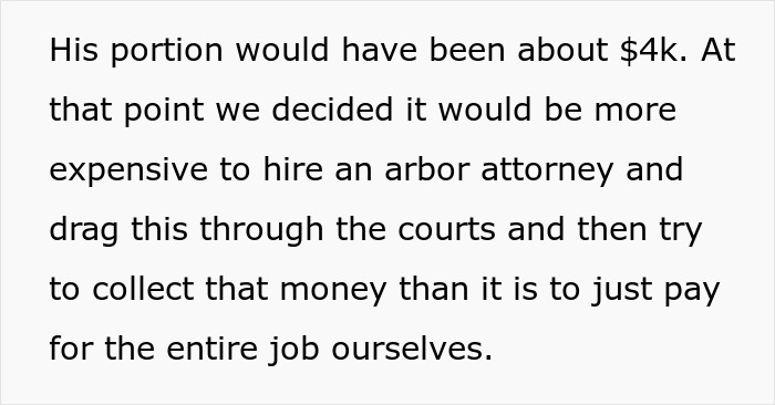 Text discussing a homeowner avoiding a $4K payment owed to a neighbor. Text discussing a homeowner avoiding a $4K payment owed to a neighbor.