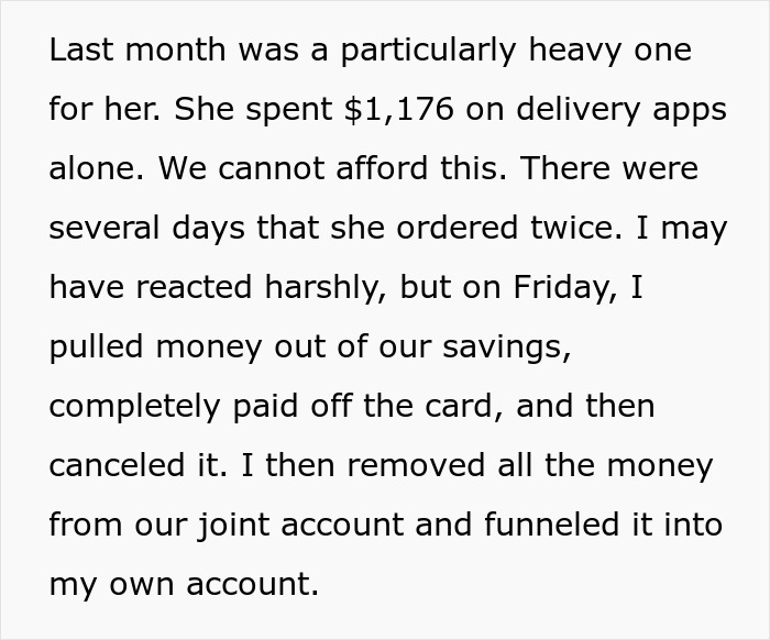 Wife Accuses Husband Of &lsquo;Starving Her&rsquo; After He Cancels Credit Card Due To $1,176 Takeout Bill