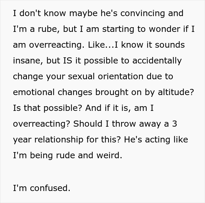 Guy Cheats On His GF With A Man, Saying It&rsquo;s Due To Altitude, Is Flabbergasted When She Dumps Him