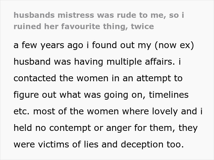 Woman Gets Hilarious Revenge On His Husband's Mistress: “I Ruined Her Favorite Thing, Twice” Woman Gets Hilarious Revenge On His Husband's Mistress: “I Ruined Her Favorite Thing, Twice”