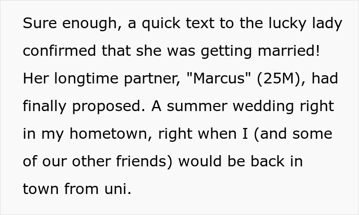 Text message confirming friend's engagement to Marcus for summer wedding. Text message confirming friend's engagement to Marcus for summer wedding.