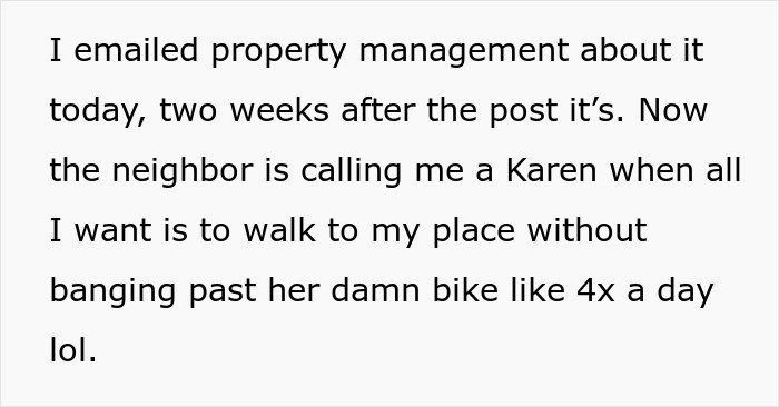 Guy Sick Of Lady's Bike Blocking Hall, Gets It Removed By Property Management As She Won't Listen Guy Sick Of Lady's Bike Blocking Hall, Gets It Removed By Property Management As She Won't Listen