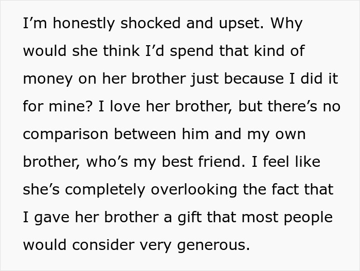 Text expressing shock over a woman's entitled wedding gift expectations, causing relationship re-evaluation. Text expressing shock over a woman's entitled wedding gift expectations, causing relationship re-evaluation.