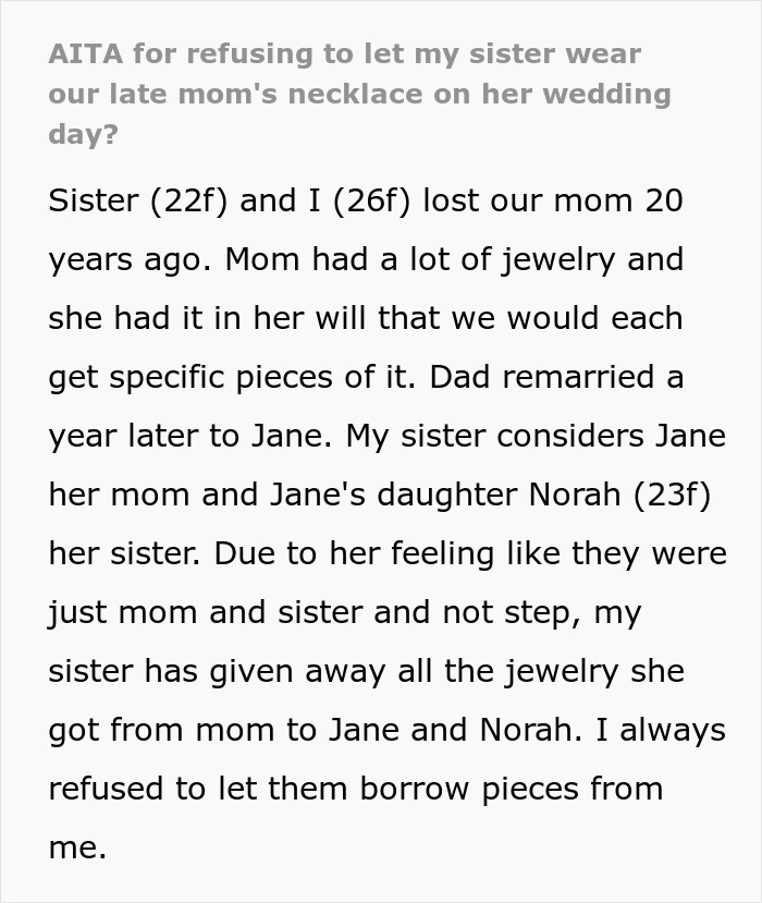 &ldquo;AITA For Refusing To Let My Sister Wear Our Late Mom&rsquo;s Necklace On Her Wedding Day?&rdquo;