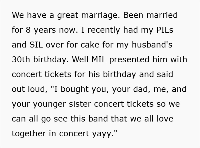 Woman Gets Left Out From A Concert As Her MIL Buys Tickets For Everyone But Her