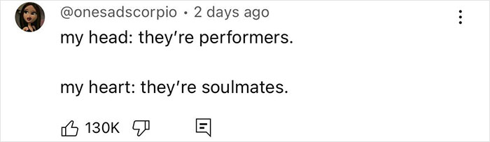 A social media comment comparing performers to soulmates, capturing fans' reaction to a seduction masterclass.