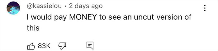 Screenshot of a comment about a "masterclass in seduction" video, expressing eagerness to see an uncut version.