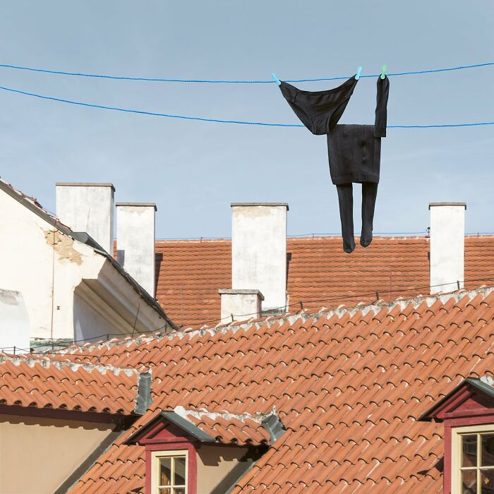 Playful animal-shaped laundry hanging on a clothesline above picturesque rooftops under a clear sky.