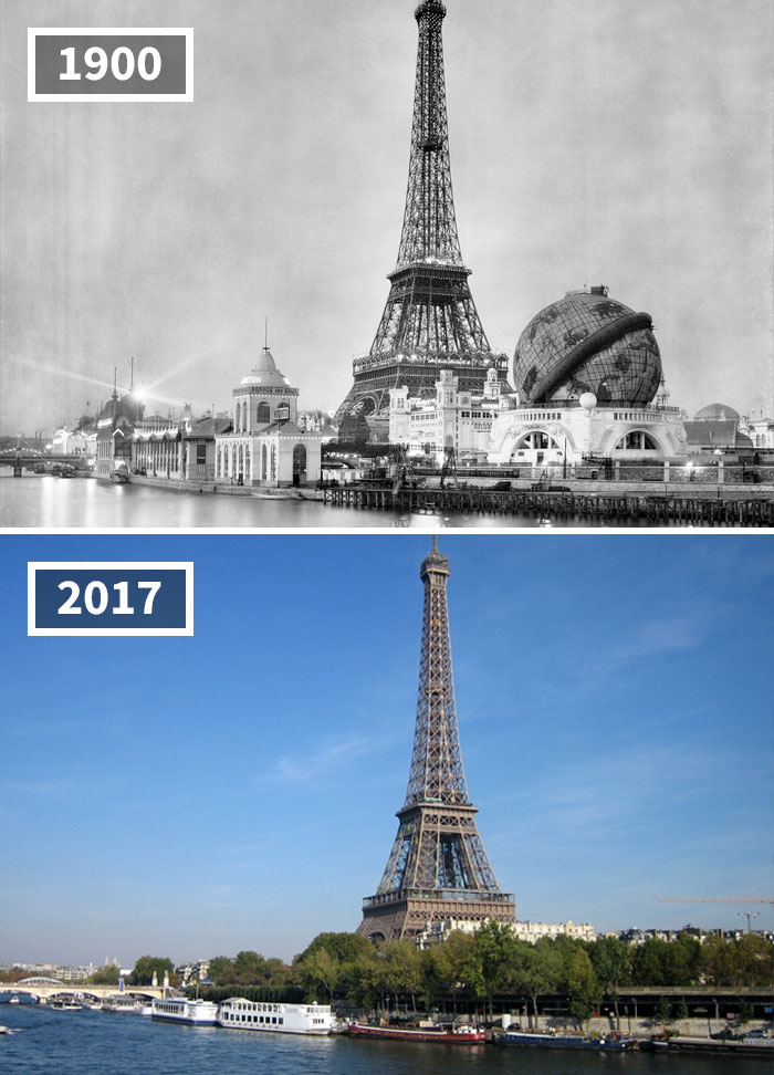 Split image showing Paris with the Eiffel Tower in 1900 in black and white and in 2017 in color, showcasing cities past and present.