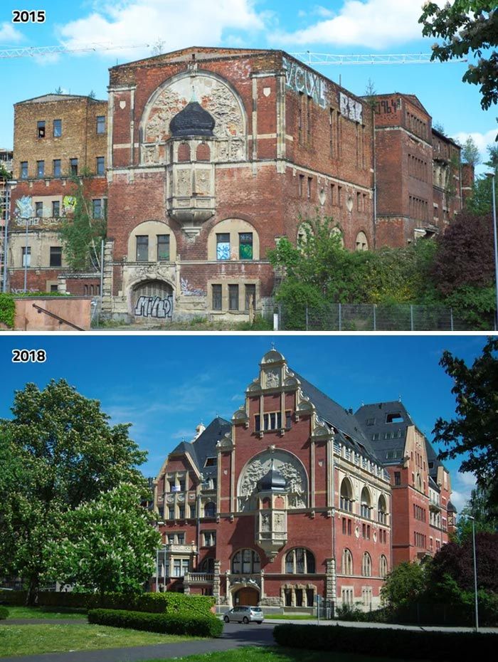 Building transformation in cities showing past decay and present restoration with greenery and clear skies in urban setting.