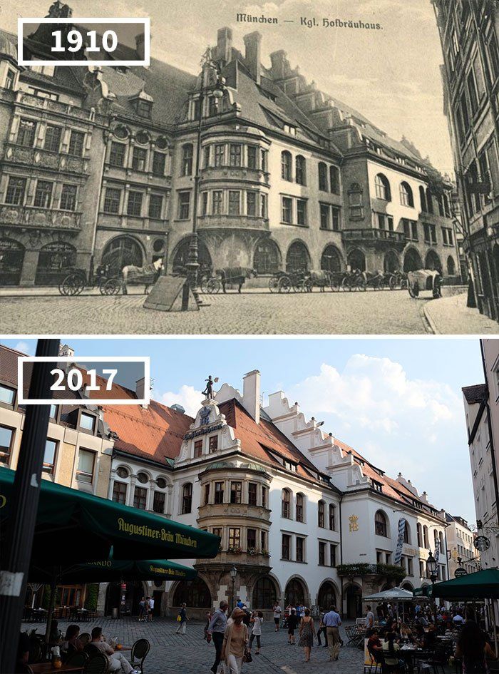 Historic and modern views of a city square in Munich from 1910 and 2017, showing architectural changes over time.