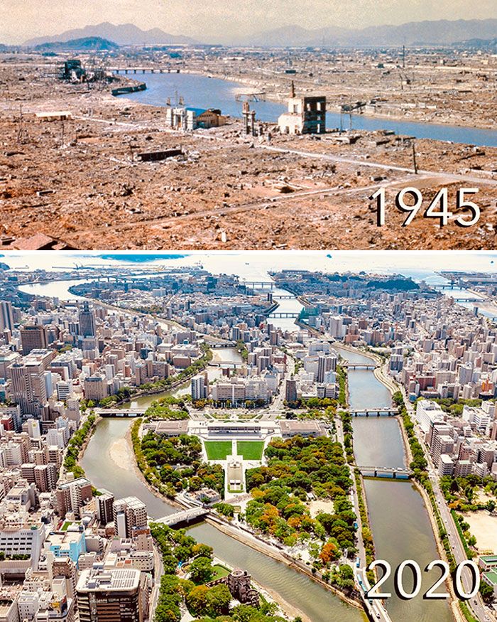 Aerial view of a city in 1945 showing destruction and the same city in 2020 with modern buildings and green spaces, cities past and present.