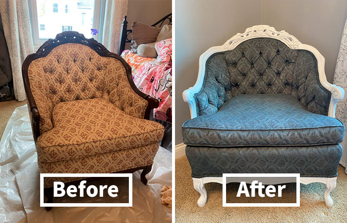 Before and after of a DIY home project chair makeover, showcasing reupholstered design improvements.