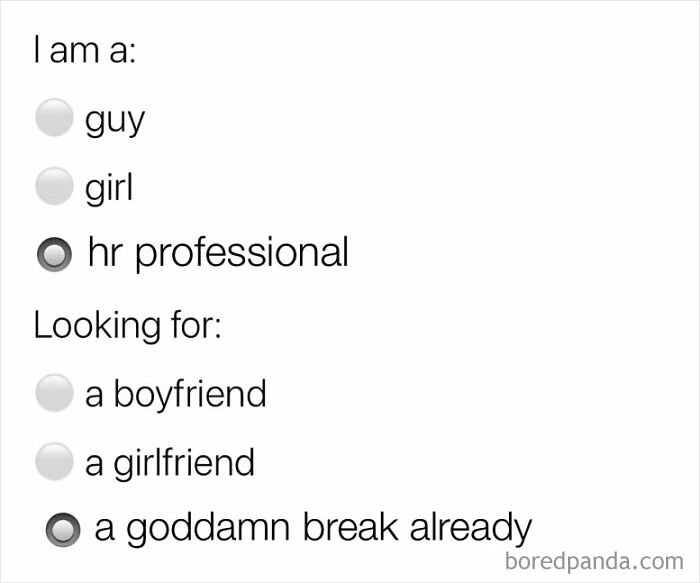 HR meme about professionals needing a break, with humor highlighting stress and work-life balance.