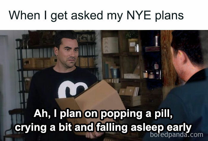 Person holding boxes, with humorous text about NYE plans, as part of classic HR memes collection.