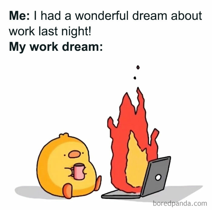 Cute cartoon bird sipping coffee as a laptop burns, illustrating classic HR memes humor.