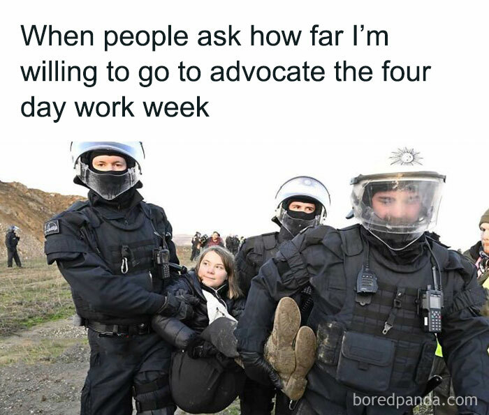 Police carrying a protester advocating for a four-day work week, humorous scene related to classic HR memes.