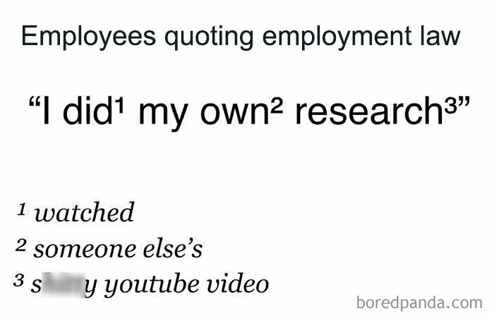 "Classic HR memes highlighting employees misquoting employment law with humorous annotations."