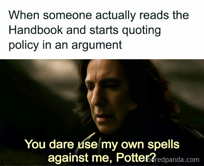 Classic HR meme featuring a character quoting a policy, referencing a famous movie scene.