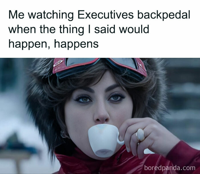 Person sipping tea while observing executives backpedaling, capturing a classic HR meme moment.