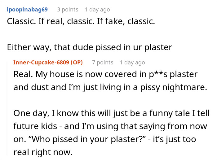 Woman Busts Worker Peeing In The Plaster Mix For Her Kitchen, Demands Company Take Everything Down Woman Busts Worker Peeing In The Plaster Mix For Her Kitchen, Demands Company Take Everything Down