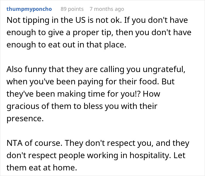 Reddit comment discussing tipping norms and respect in hospitality. Reddit comment discussing tipping norms and respect in hospitality.