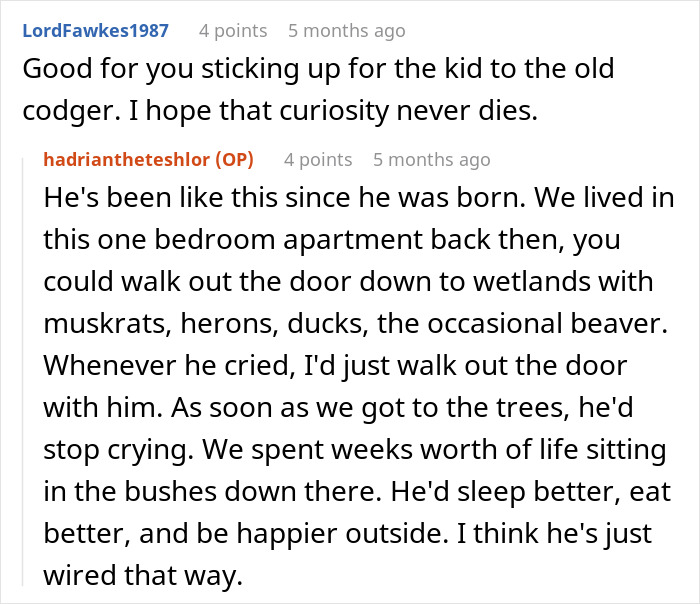 Discussion about a 4-year-old's curiosity and outdoors experiences, with supportive comments. Discussion about a 4-year-old's curiosity and outdoors experiences, with supportive comments.