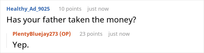 Text conversation showing a user asking if father took the money and another confirming yes, referencing stealing son's inheritance.