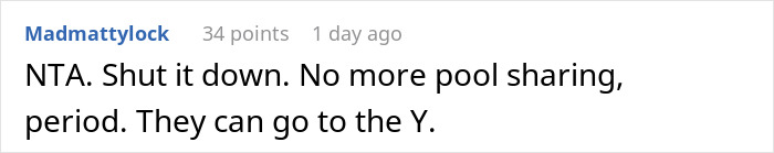 Comment text discussing Karen using neighbor’s pool and opposing pool sharing rules in an online forum. Comment text discussing Karen using neighbor’s pool and opposing pool sharing rules in an online forum.