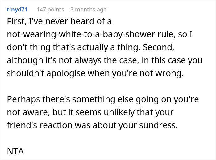 Woman Confused About Why The Dress She Wore To A Friend’s Baby Shower Was Inappropriate Woman Confused About Why The Dress She Wore To A Friend’s Baby Shower Was Inappropriate