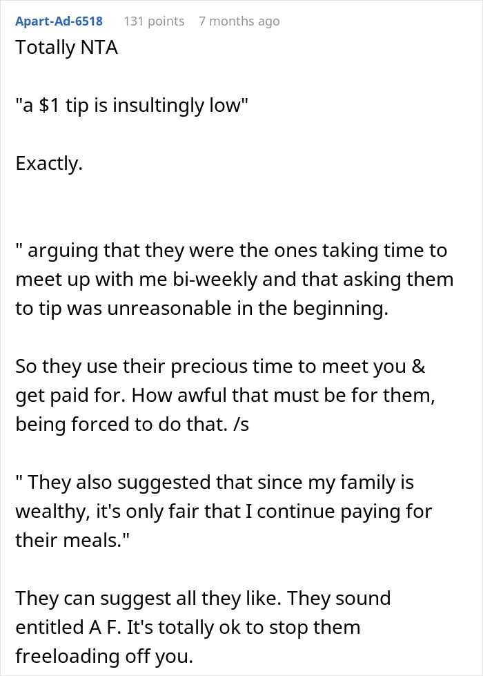 Screenshot of a Reddit comment discussing refusal to pay for dinners due to low tips given by fiancée's family. Screenshot of a Reddit comment discussing refusal to pay for dinners due to low tips given by fiancée's family.