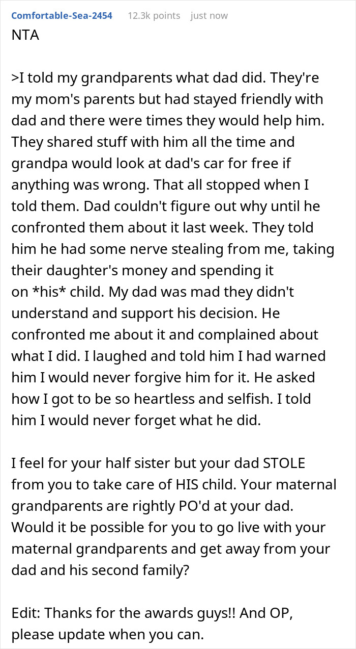 Screenshot of a Reddit comment discussing a dad stealing his son&rsquo;s inheritance for new family and grandparents cutting him off.