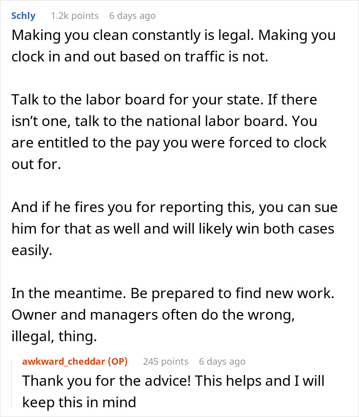 &ldquo;Boss Tells Me I Need To Clock Out When Restaurant Is Slow&rdquo;