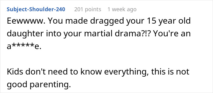A text comment criticizing a father's reaction to a wife's affair, emphasizing poor parenting choices. A text comment criticizing a father's reaction to a wife's affair, emphasizing poor parenting choices.
