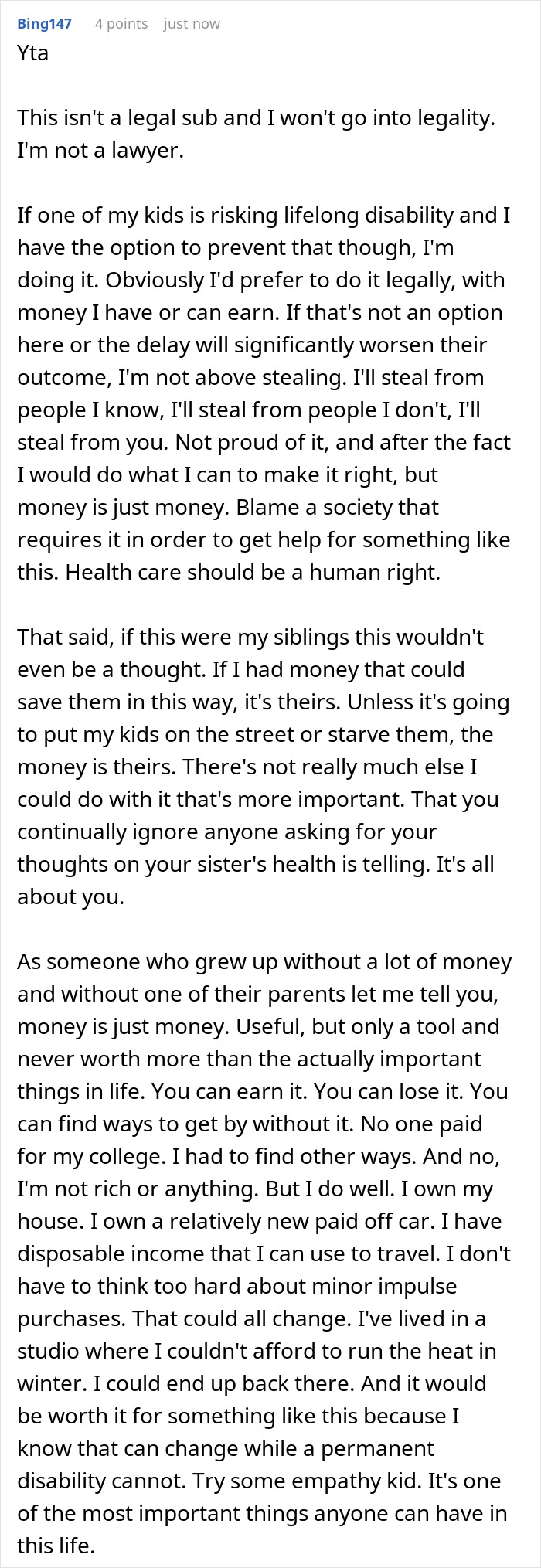 Screenshot of a Reddit comment discussing stealing and family issues related to inheritance and money struggles.