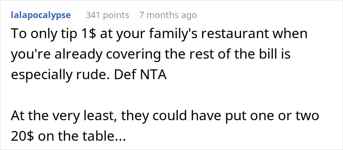 Reddit comment about tipping $1 at a restaurant, calling it rude and suggesting better tipping. Reddit comment about tipping $1 at a restaurant, calling it rude and suggesting better tipping.