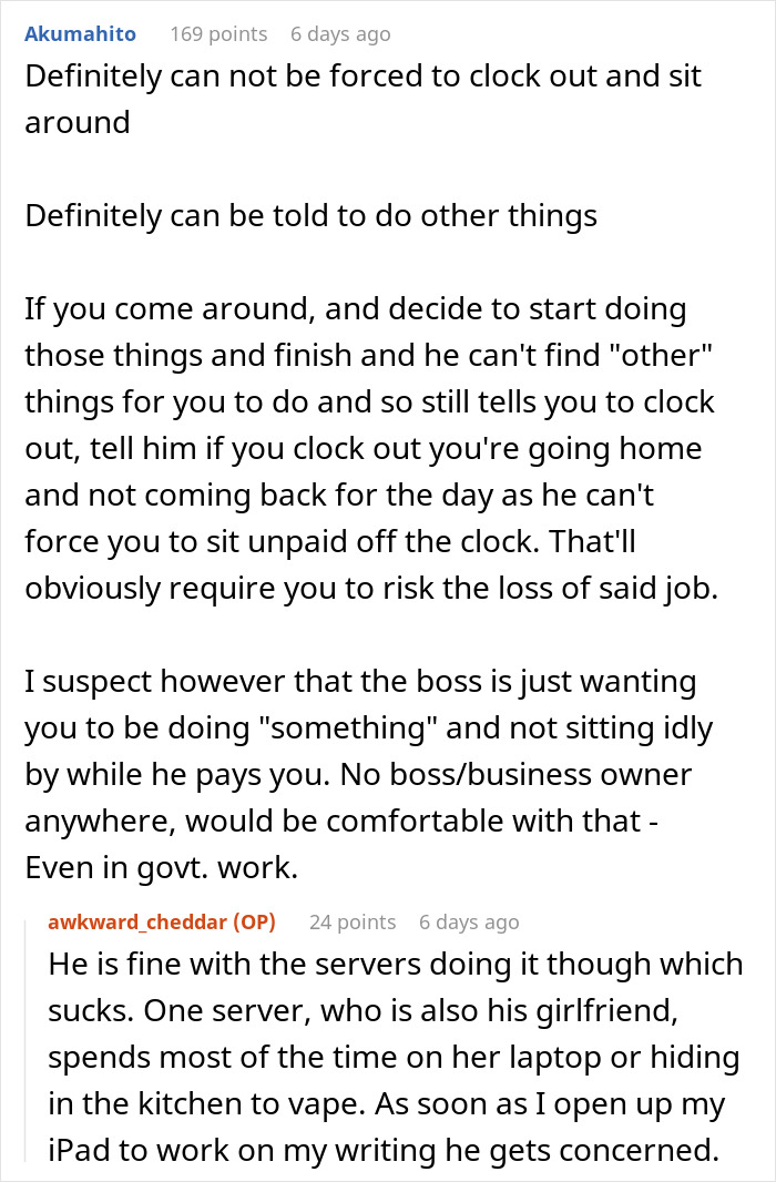 &ldquo;Boss Tells Me I Need To Clock Out When Restaurant Is Slow&rdquo;