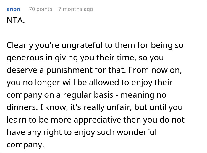 Comment discussing stopping family dinners due to low tipping habits. Comment discussing stopping family dinners due to low tipping habits.