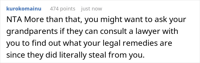 Screenshot of an online comment discussing a dad busted stealing son&rsquo;s inheritance and grandparents cutting him off.