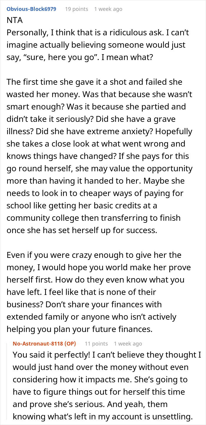“It’s Just Sitting There”: Family Demands Woman Give Her College Savings To Dropout Cousin “It’s Just Sitting There”: Family Demands Woman Give Her College Savings To Dropout Cousin