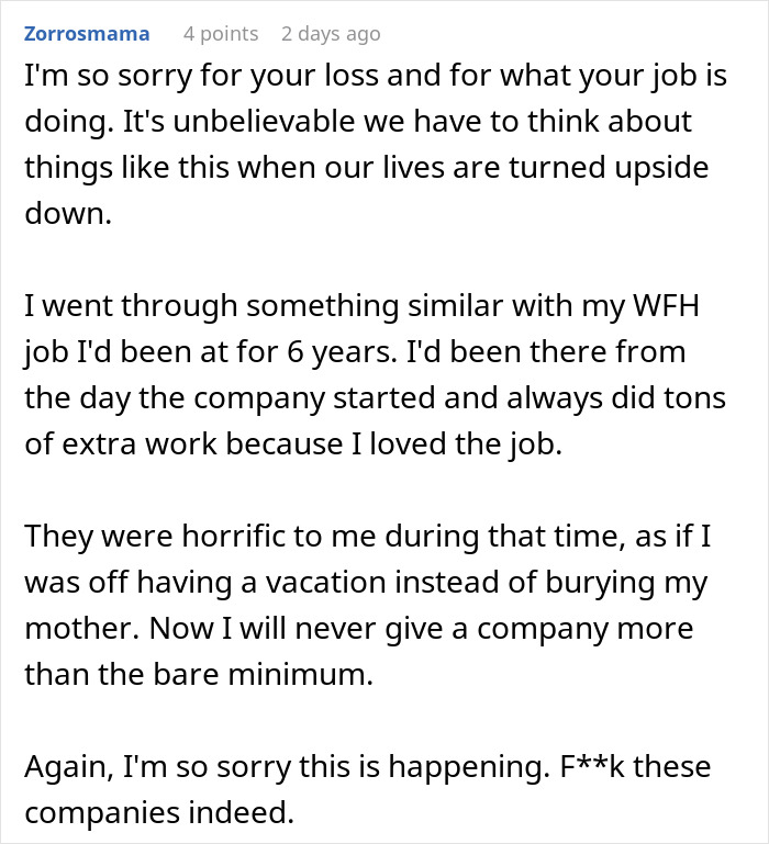 WFH Worker Wants To Relocate To Grieve Loss With Family, Gets A “Cold Reminder” Instead WFH Worker Wants To Relocate To Grieve Loss With Family, Gets A “Cold Reminder” Instead