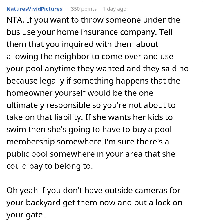 Comment discussing liability and home insurance related to neighbor’s pool use and setting pool rules for Karen. Comment discussing liability and home insurance related to neighbor’s pool use and setting pool rules for Karen.